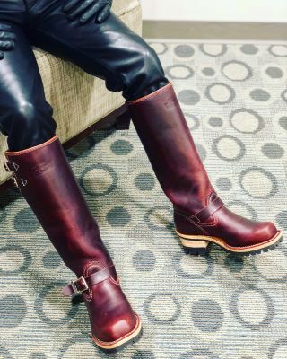 Burgundy custom Wesco boots for fags and slaves to worship.